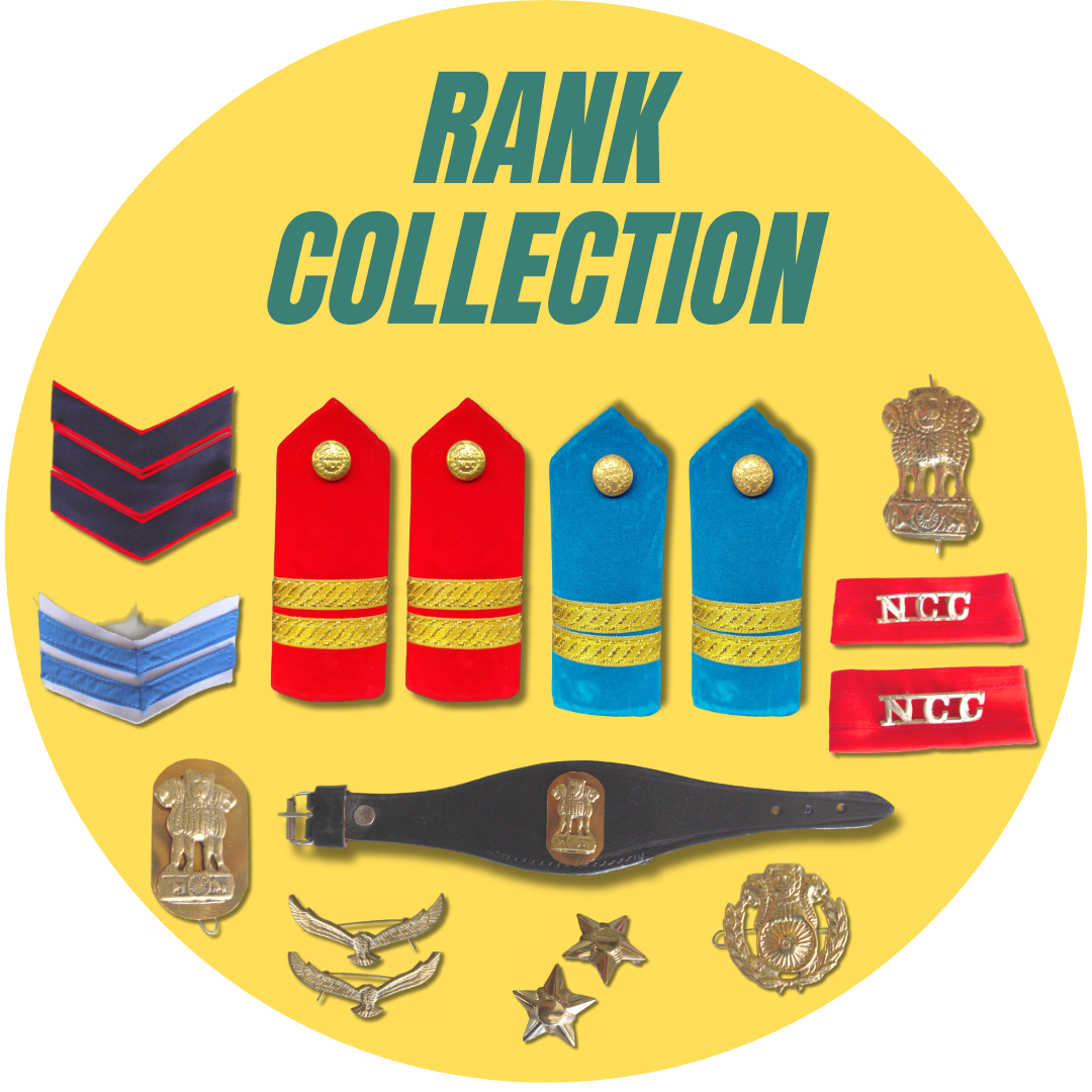 NCC cadet rank collection featuring SUO, UO, LCPL, CPL, Sergeant, CQMS, Ashoka badge, CSM watch and eagle brass badge