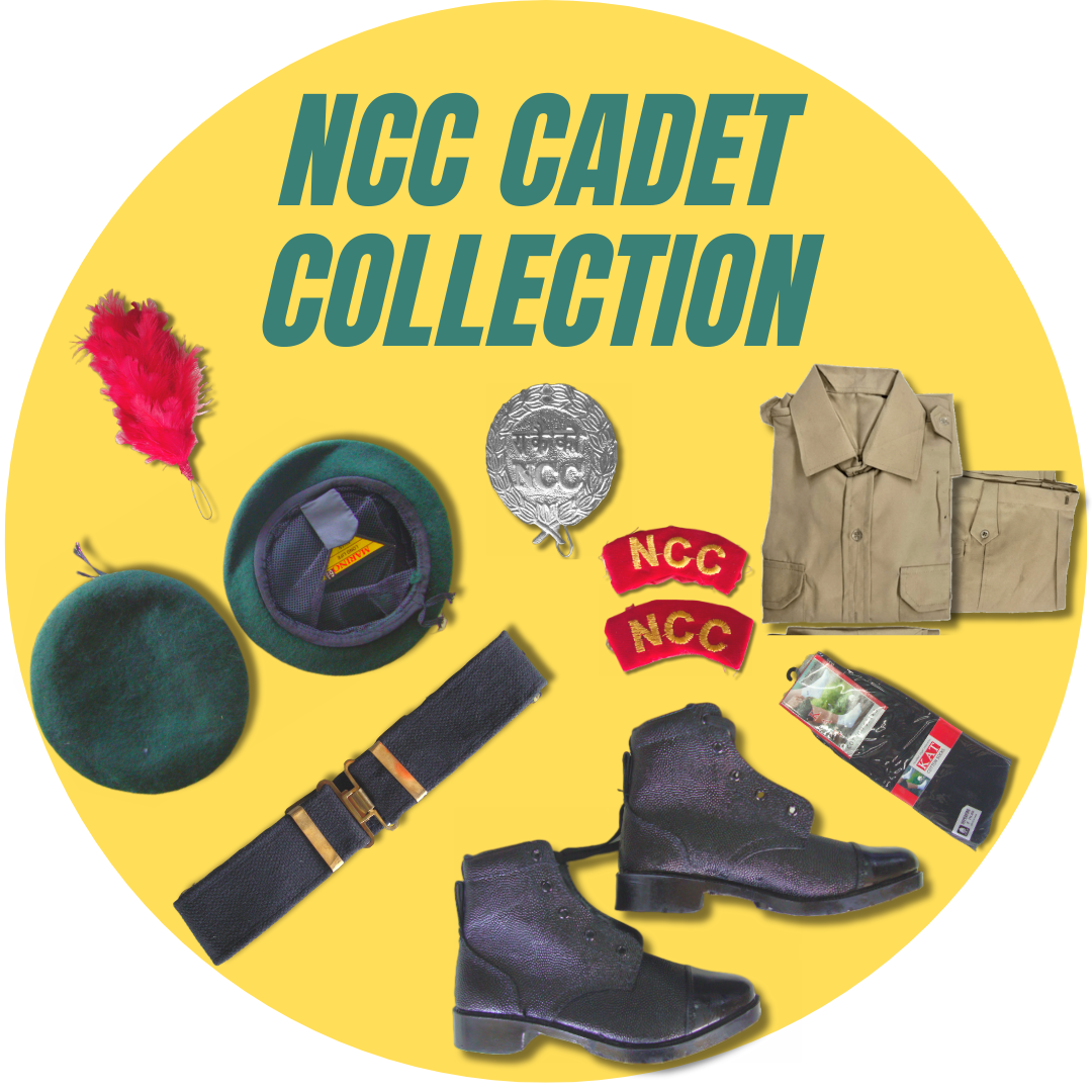 NCC basic essentials collection featuring beret cap, hackle, DMS boots, khakhi uniform, web belt and cadet badges