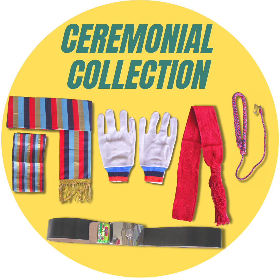 NCC ceremonial collection featuring kamarband jaller scarf set, red sash, white anklet, lanyards, gloves and leather officer belt