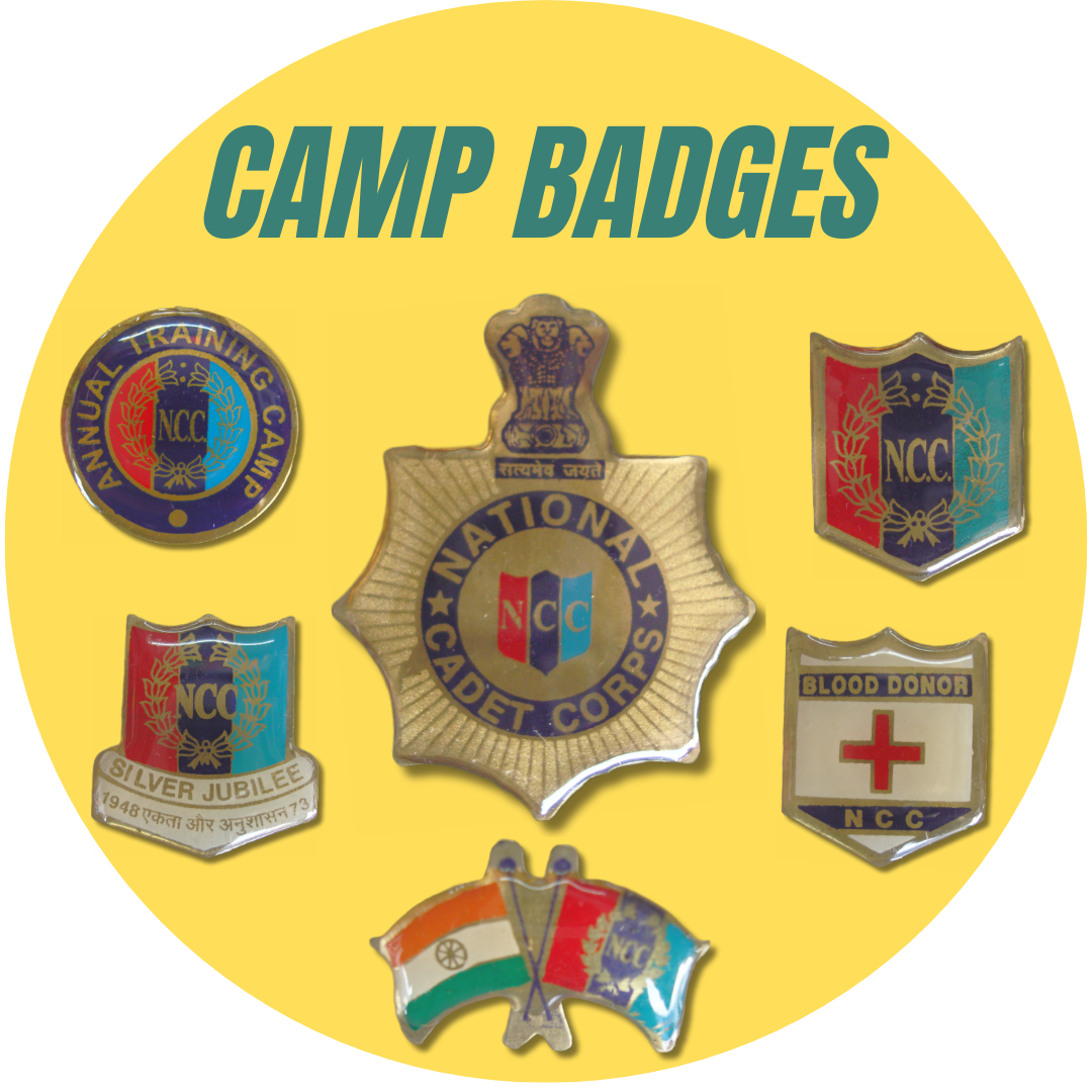 NCC camp badges collection featuring AAC, IGC, RDC, EBSB, BLC, CATC, ATC, NCC flag, silver jubilee and golden jubilee badges