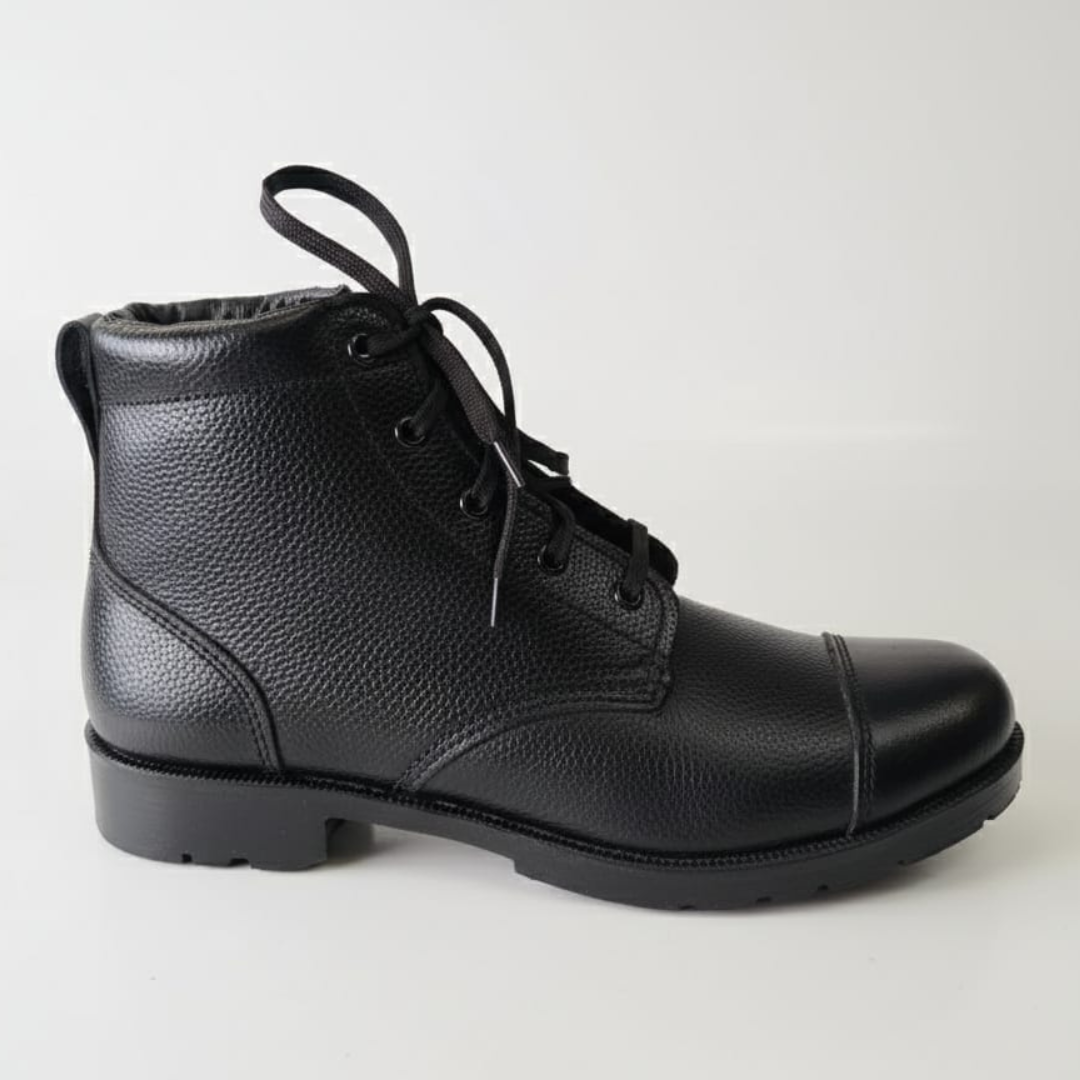 NCC DMS black leather boots for cadet uniform – high-ankle collar design with lace-up closure, textured genuine leather upper and rugged slip-resistant sole.