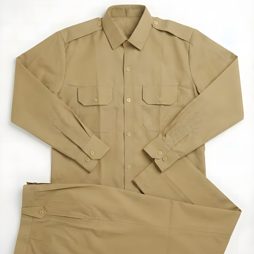 NCC Army cadet khaki full-sleeve uniform set for boys and girls – button-down shirt with epaulets, two chest flap pockets, and matching straight-fit trousers arranged flat.