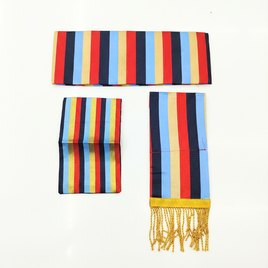 NCC ceremonial kamarband set for boys and girls cadets in folded and hanging view – featuring gold, navy, red and sky-blue stripes with zari pallu jhalar and tassels for Army, Navy and Air Wing uniforms.
