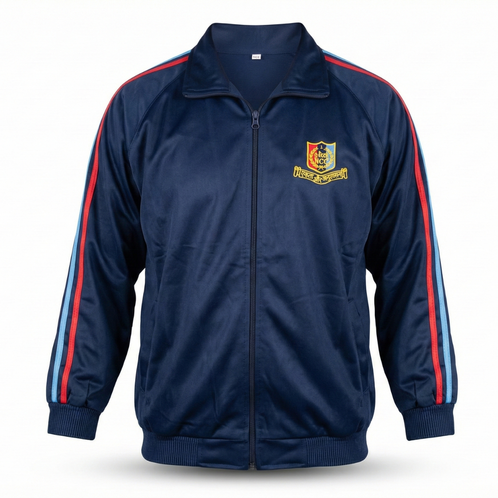 Navy blue NCC cadet track suit jacket front view – super-poly full sleeves, front zipper closure, red and sky-blue shoulder side stripes, ribbed cuffs, and athletic training uniform wear.