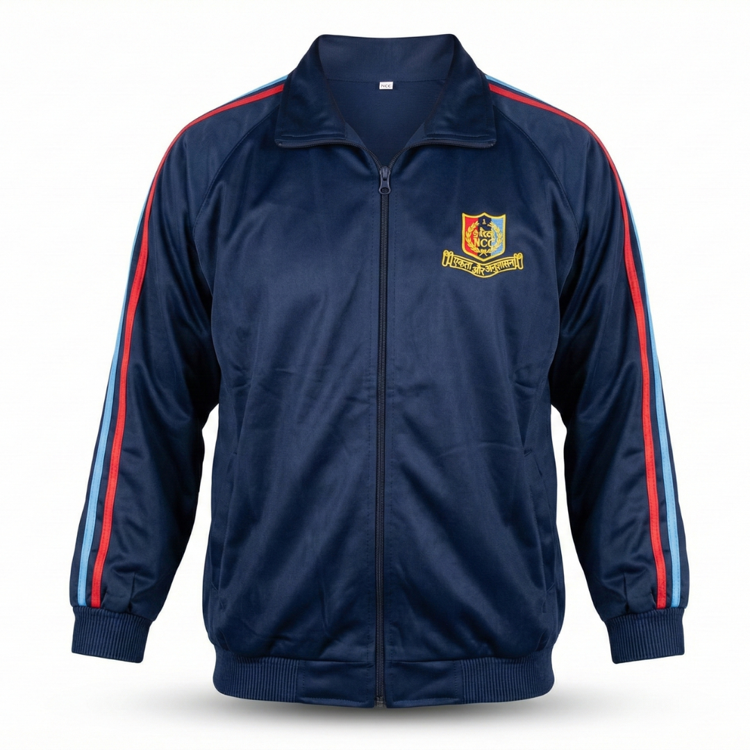 Navy blue NCC cadet track suit jacket front view – super-poly full sleeves, front zipper closure, red and sky-blue shoulder side stripes, ribbed cuffs, and athletic training uniform wear.