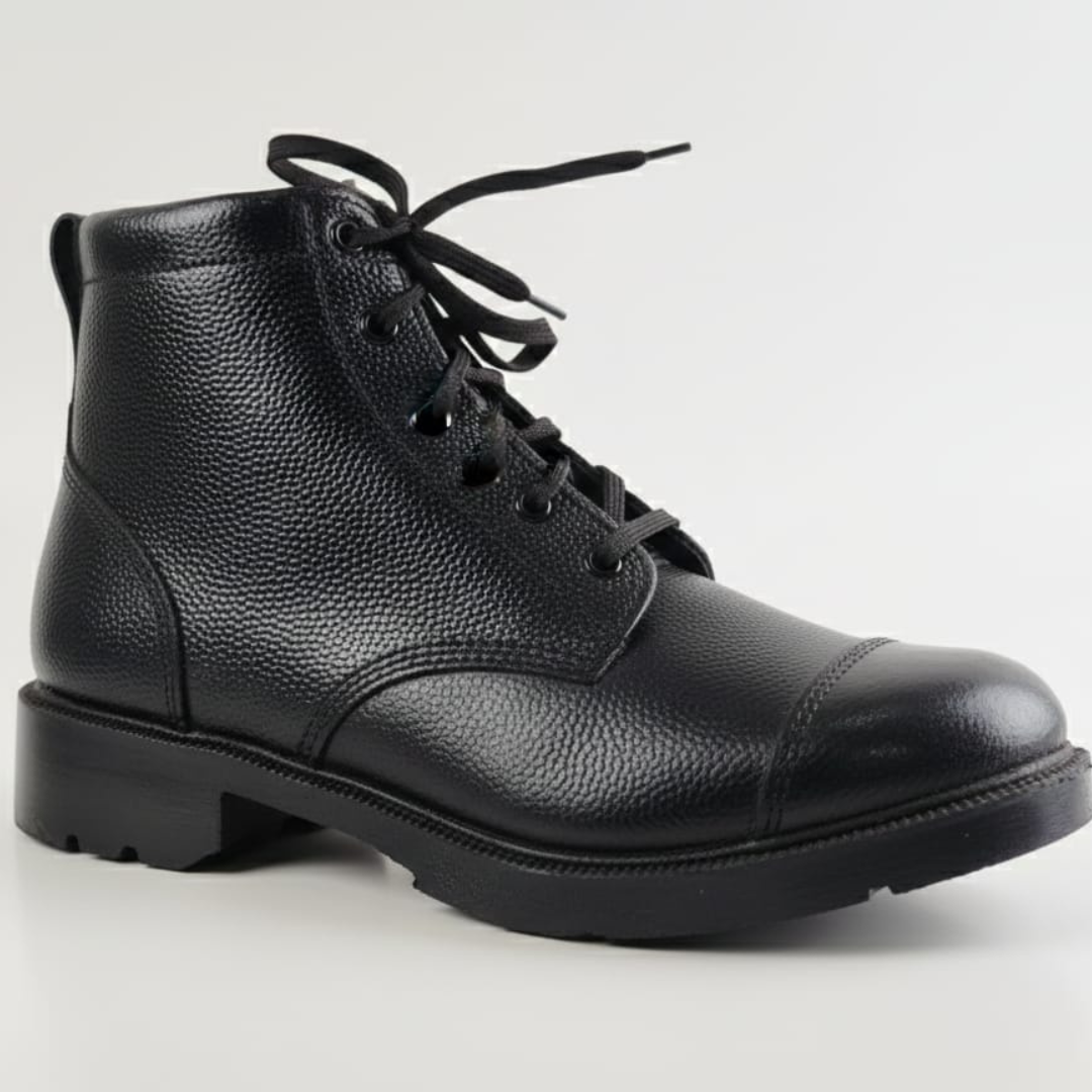 NCC DMS high-ankle black leather uniform boots – lace-up collar design with textured leather upper and thick anti-skid rugged sole for cadets.