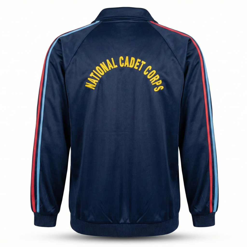 Navy blue NCC cadet track suit jacket back view – super-poly full sleeves with red and sky-blue side stripes on sleeves, ribbed hem, bold ‘National Cadet Corps’ uniform training sports jacket.