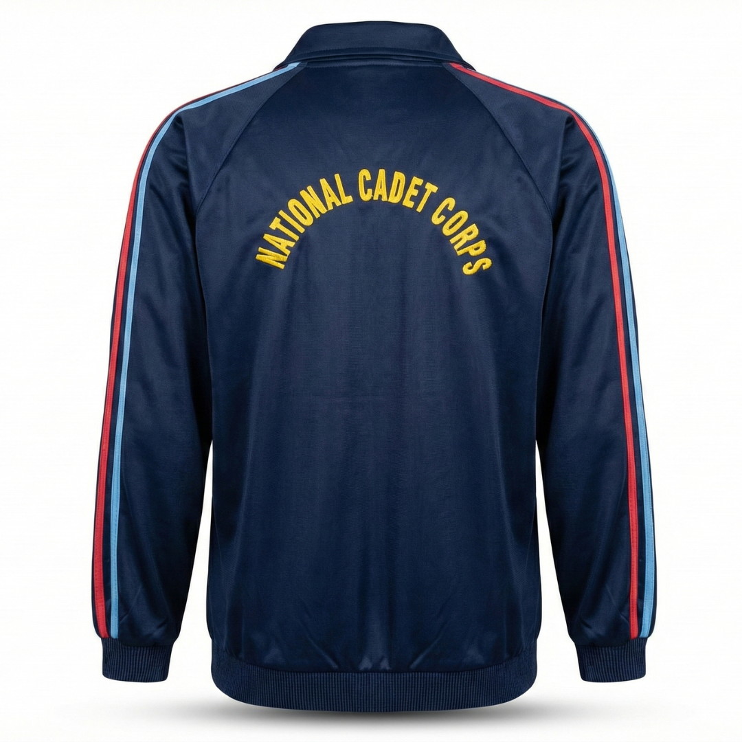 Navy blue NCC cadet track suit jacket back view – super-poly full sleeves with red and sky-blue side stripes on sleeves, ribbed hem, bold ‘National Cadet Corps’ uniform training sports jacket.