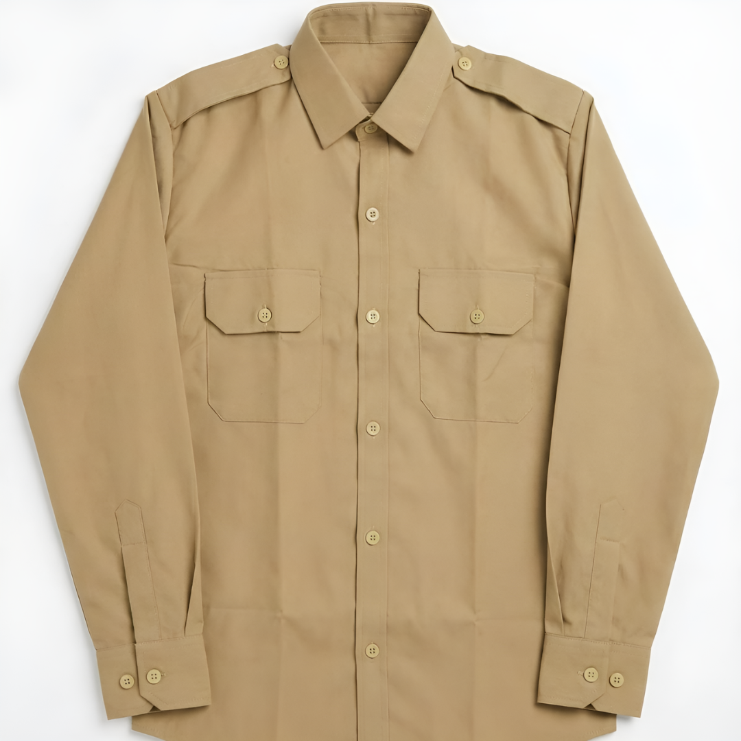 NCC Army cadet khaki full-sleeve uniform shirt for boys and girls – classic collar with shoulder epaulets, front button closure, and two chest flap pockets, displayed flat