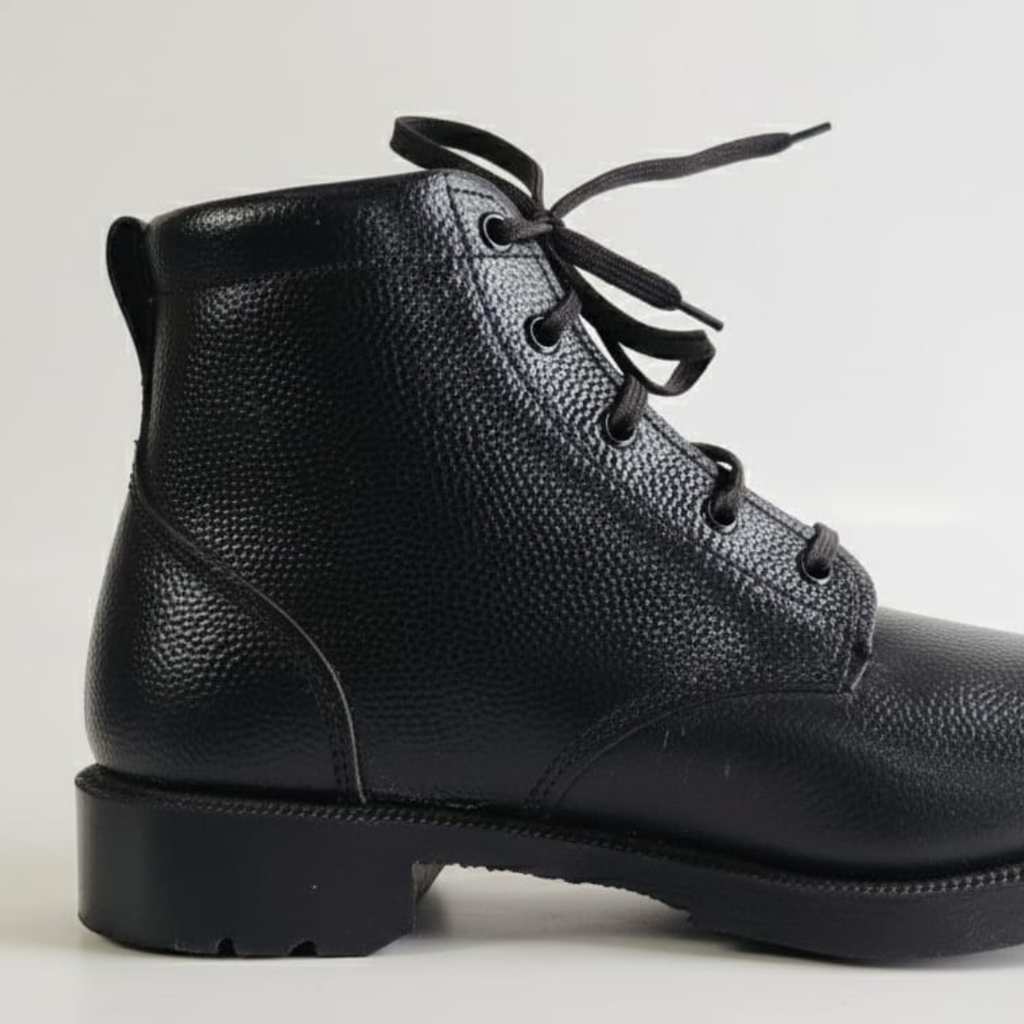NCC DMS black leather boots close-up – high-ankle collar with lace-up closure, textured leather finish and thick anti-skid durable cadet uniform sole.