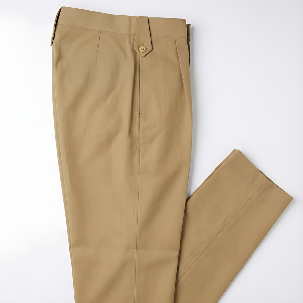 NCC Army cadet khaki uniform trousers shown flat – front zip with buttoned waist tab, clean stitching details, relaxed straight-fit legs, suitable for boys and girls cadet uniforms.