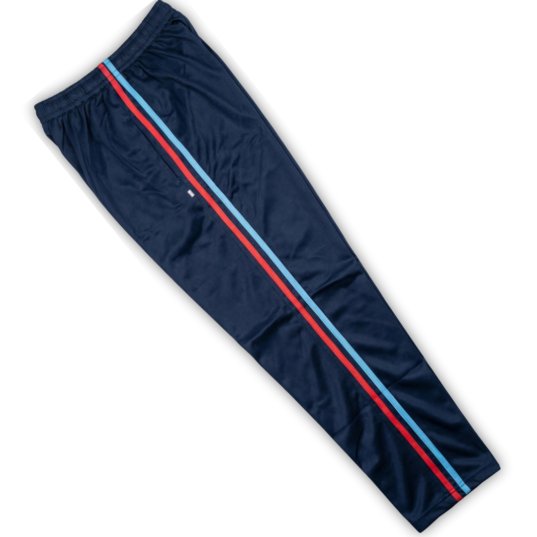 Navy blue NCC cadet track suit track pants full view – elastic waistband, red and sky-blue side stripes, straight athletic fit, soft premium super-poly fabric for NCC uniform training wear.