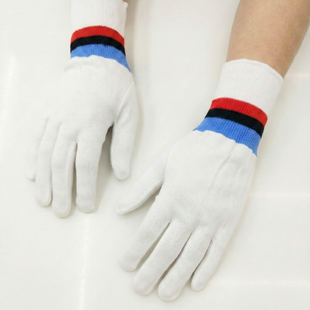 NCC white parade hand gloves for boys and girls – soft uniform gloves with blue, navy and red striped cuffs, suitable for ceremonial, marching and drill use.