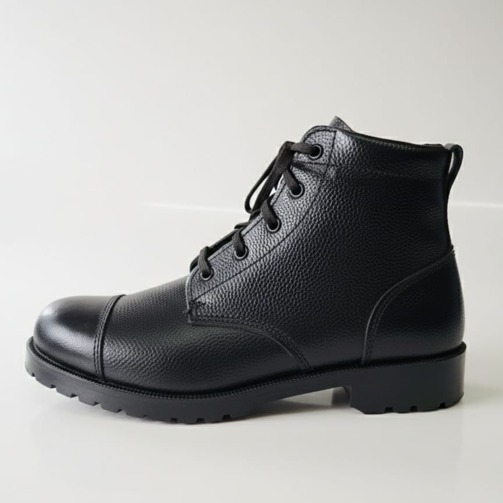 NCC DMS black leather collar boots side profile for cadet uniform – high-ankle lace-up design with reinforced toe, textured leather upper, and rugged slip-resistant sole.
