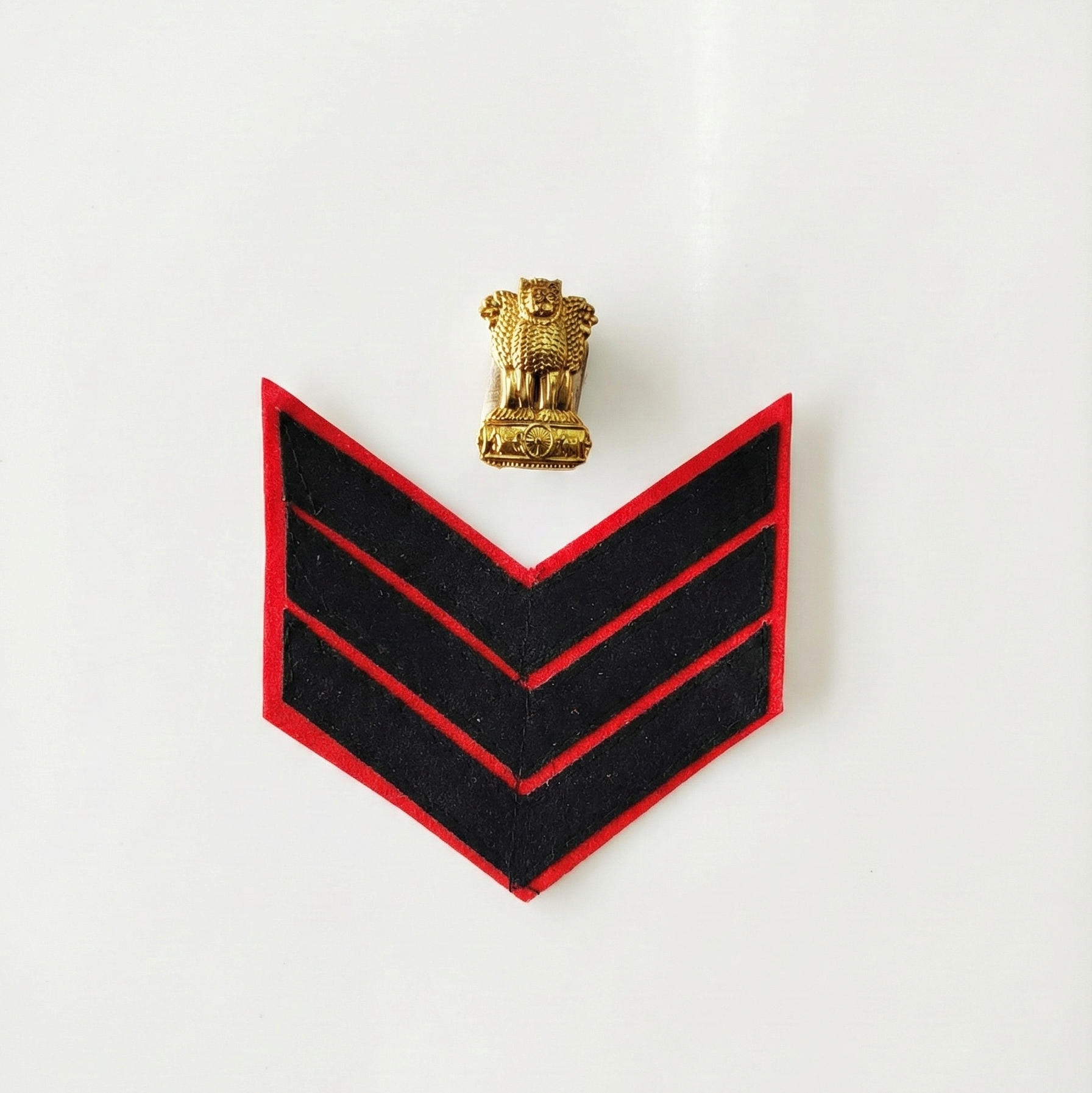 NCC CQMS rank badge – triple stripe chevron with Ashoka emblem for Company Quarter Master Sergeant