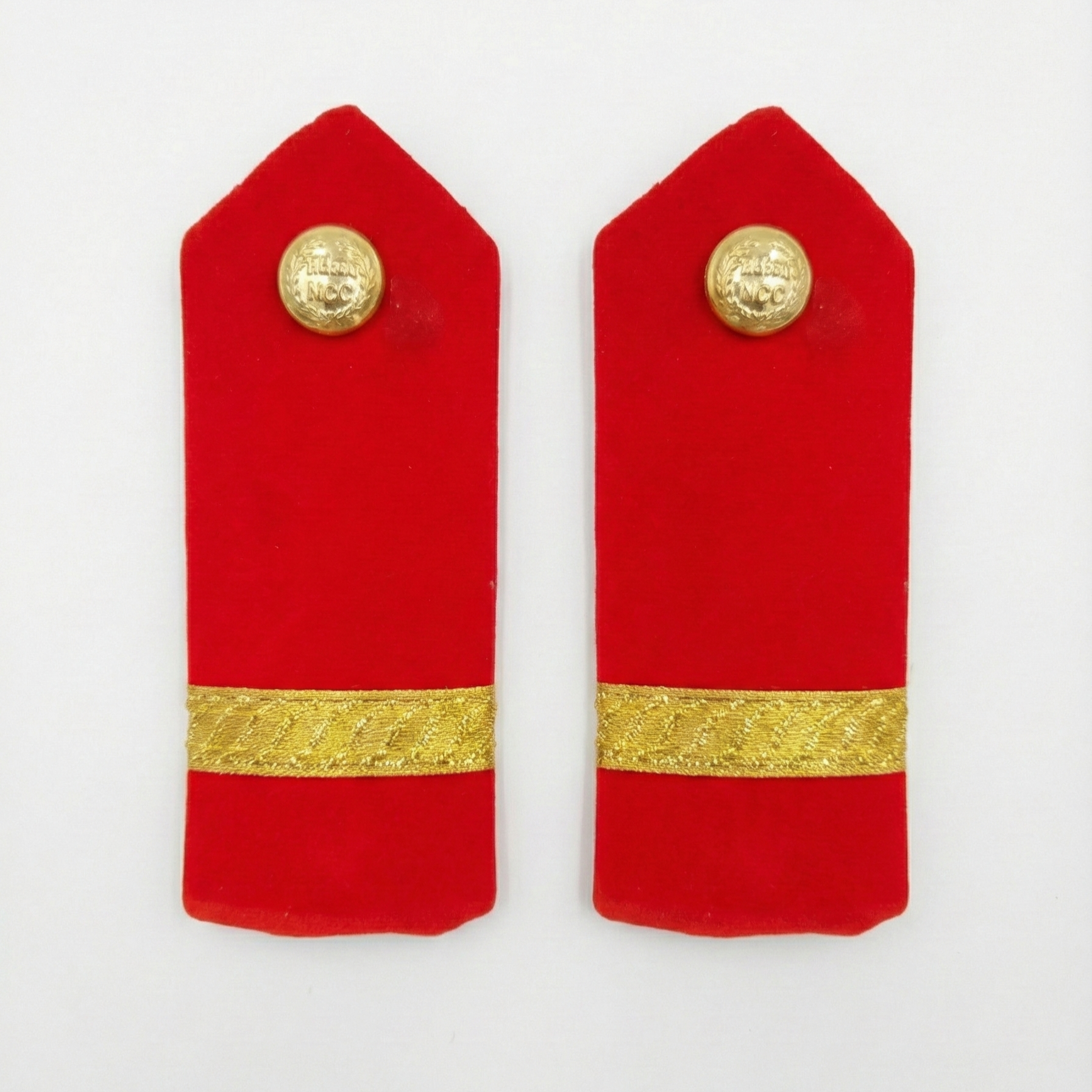 NCC Army Wing JUO shoulder rank epaulette pad red velvet with golden zari stripe and NCC metal button – slip-on curved cadet rank slider