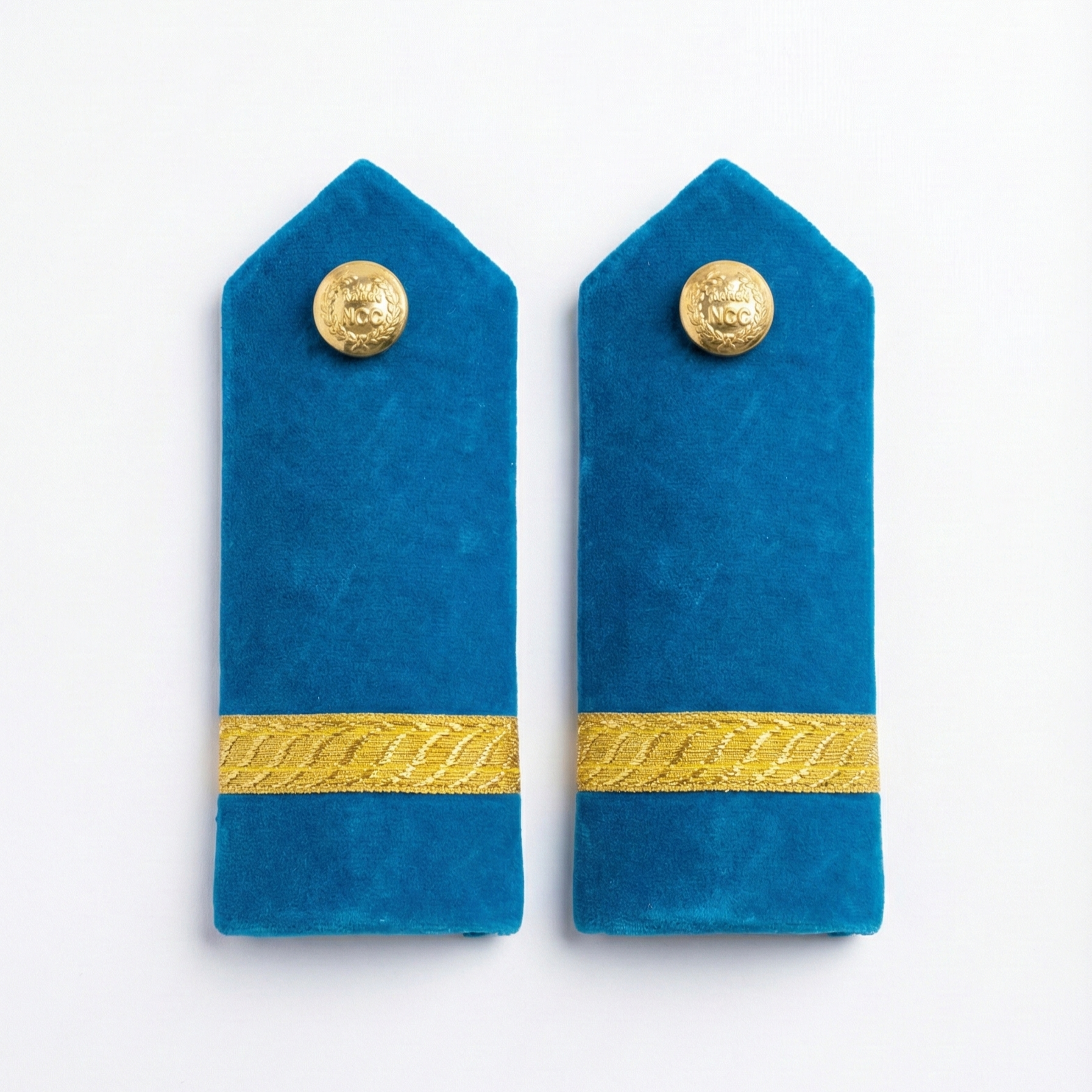 NCC Air Wing JUO shoulder rank epaulette pad blue velvet with golden zari stripe and NCC metal button – slip-on curved cadet rank slider