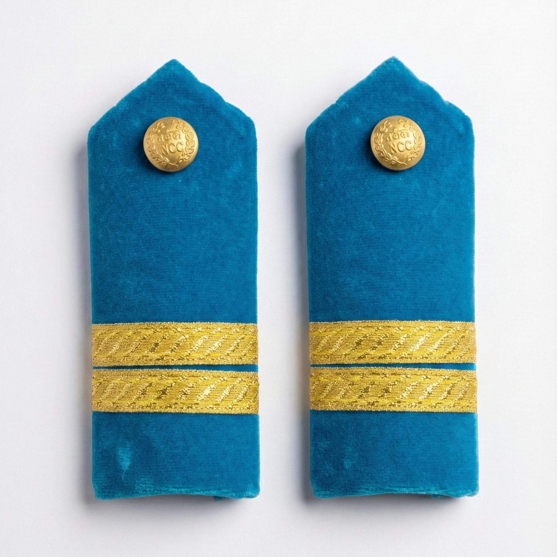 NCC Air Wing CSUO shoulder rank epaulette pad in blue velvet with golden zari stripes and NCC metal button – slip-on curved cadet rank slider