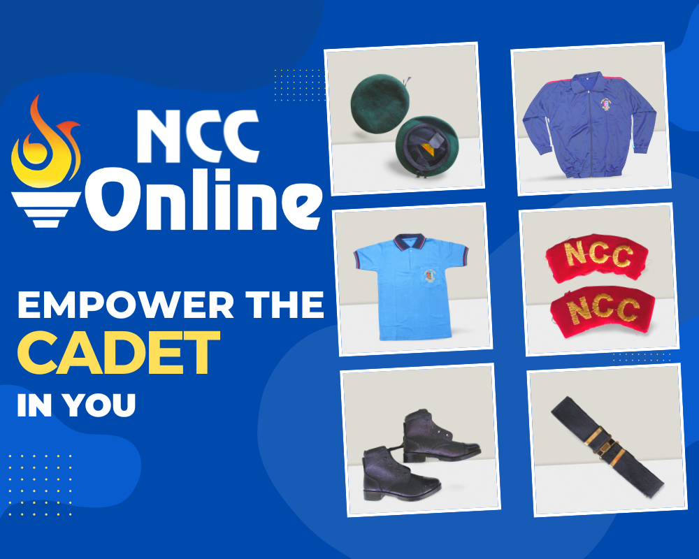 NCC Online store banner with torch logo and tagline ‘Empower the Cadet in You’, showcasing collage of NCC products including green beret cap, track suit jacket and pants, polo T-shirt, DMS black leather boots, web belt, red sash and shoulder badges for pan-India delivery.