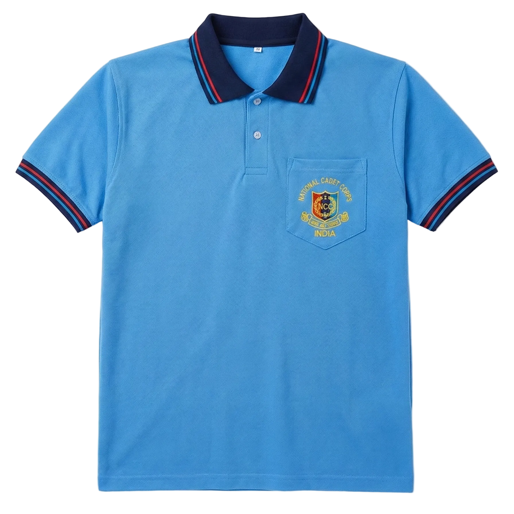 Sky-blue NCC cadet unisex polo T-shirt for boys and girls with embroidered logo pocket, featuring striped collar and sleeve cuffs, front button placket, and accessibility-focused product display.