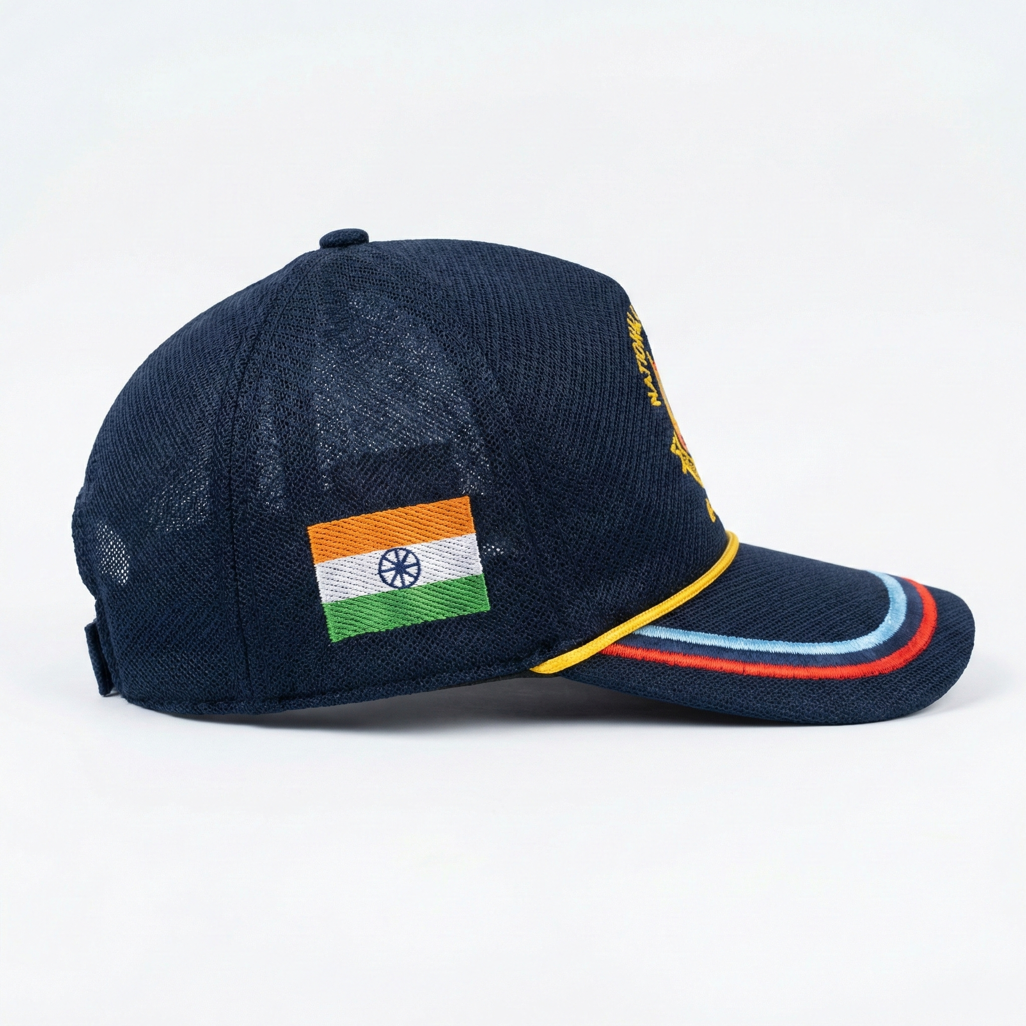 NCC navy blue netted cap with Indian tricolour embroidery and breathable jali fabric ncc online store