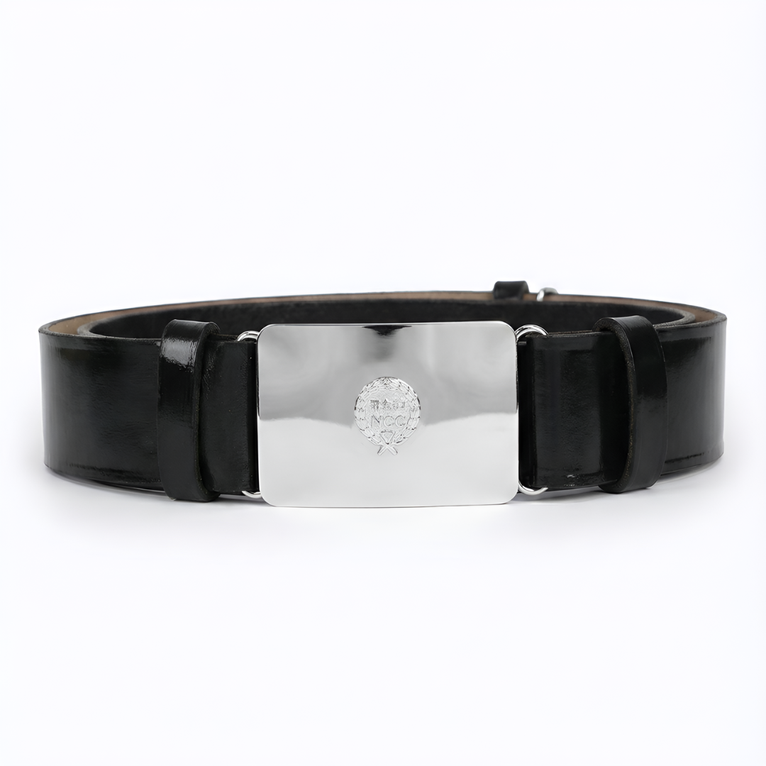 NCC senior black leather ceremonial belt with silver buckle featuring embossed NCC emblem, durable uniform belt for parade and official cadet ceremonies, available for Pan-India delivery.